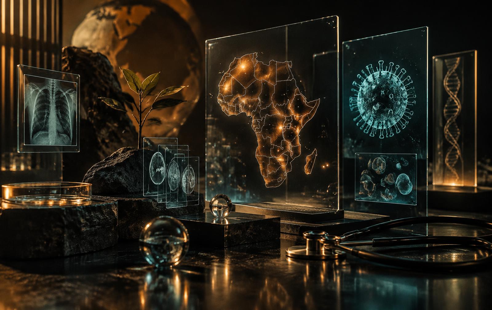 Abstract health technology artifacts glowing in a cinematic studio
